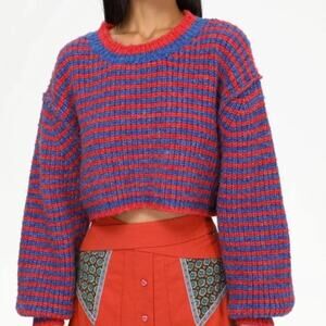 ZARA Red Blue Striped Alpaca Fuzzy Knit Cropped Pullover Sweater SZ M